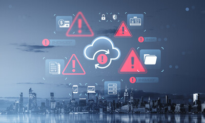 Cybersecurity alert concept over cloud data icons and warning holograms above Manhattan NYC skyline at night with futuristic digital background.