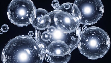 Transparent bubbles floating in a dark environment viewed from a close-up perspective