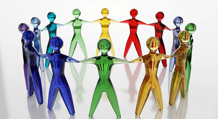 Glass crystal figurines of people of different colors holding hands, inclusive business thinking, values ​​of dignity and respect for all people, teamwork, mutual respect