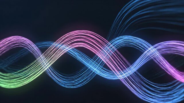 Vibrant neon light waves flowing dynamically against a dark background, perfect for digital technology, abstract art, and motion graphics projects.