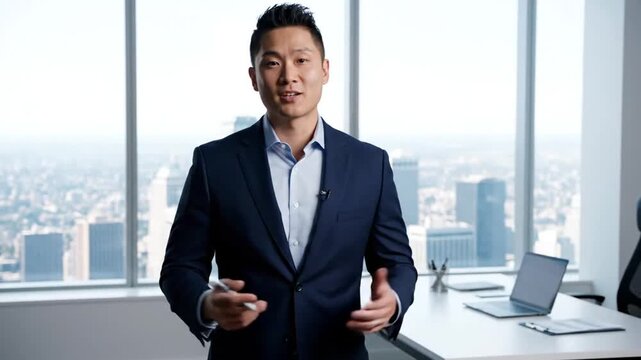 Man in dark suit speaking in a highrise office with city view
