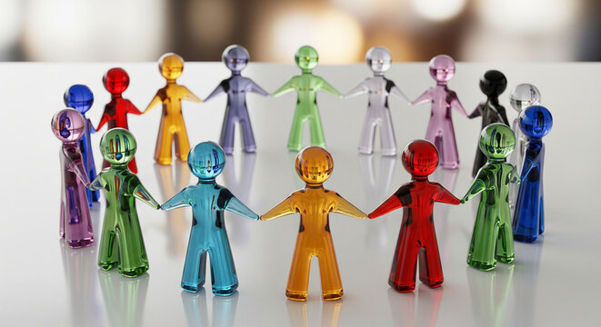 Glass crystal figurines of people of different colors holding hands, inclusive business thinking, values ​​of dignity and respect for all people, teamwork, mutual respect