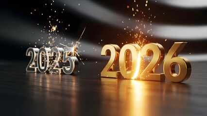 Celebrating the arrival of new year 2026 with sparkling lights as 2025 fades away