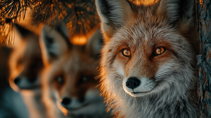 Fototapeta premium Close-up portrait of a red fox peering from behind a tree in warm forest light, highlighting wildlife alertness and natural beauty.
