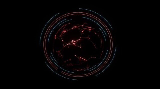 Abstract Digital Network atomic Sphere with Glowing Lines and Circles on Black Background