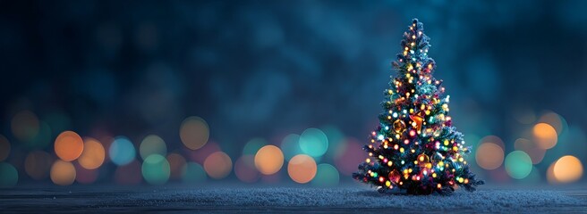 A christmas tree adorned with colorful decorations stands against a dark blue background, accented by the soft glow of bokeh lights. this wide banner design offers ample space for text.