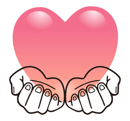 両手でハートを包み込むイラスト。愛情溢れる幸せな心のイメージ。 /An illustration of hands cradling a heart. An image of a heart overflowing with love and happiness.