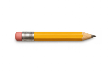 Yellow pencil with pink eraser and sharp lead tip for writing, drawing, and school education, transparent background
