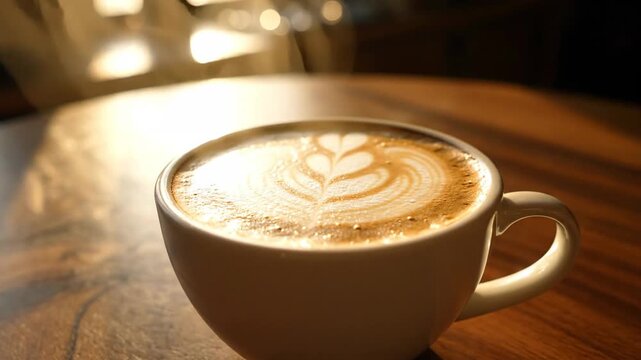 A cozy cup of latte with beautiful art, bathed in warm sunlight.