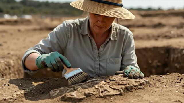 Woman archaeologist excavating fossils at archaeological site in sunlight  