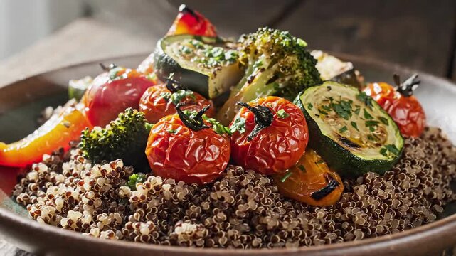 A vibrant dish of grilled vegetables served over quinoa.