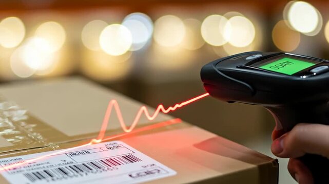 A close-up of a barcode scanner capturing data from a package, highlighting the importance of inventory management in logistics.