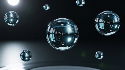 Transparent glass spheres floating in a dark environment with a spotlight shining down