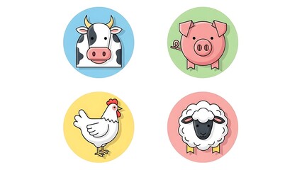 Cute Farm Animals Set Cow Pig Chicken Sheep Cartoon Icons.