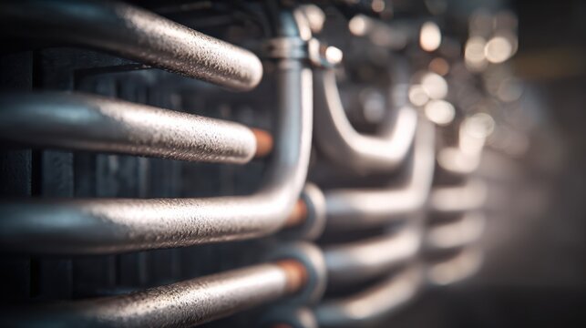 Medium shot focusing on heat exchanger coils processing residual heat flows for efficient power regeneration.