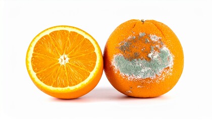 Bright orange fruit split to show fresh section and moldy section with clear white background