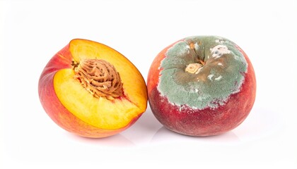 Moldy peach and fresh peach on white background showing contrast of decay and freshness