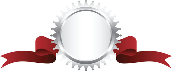 Silver Award Badge with Red Ribbon Illustration. Mockup and Template Design.