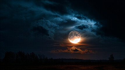 Dramatic Full Moon Rising Over Dark Forest Night Sky