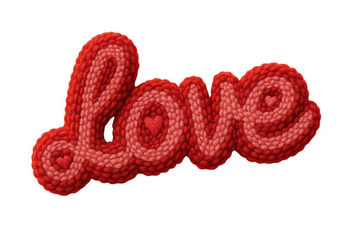 Textured "love" word art in punch needle embroidery style with red and pink yarn loops. Perfect as a PNG graphic for sublimation, DTG printing on t-shirts, sweatshirts, tote bags, and mugs. High-quali