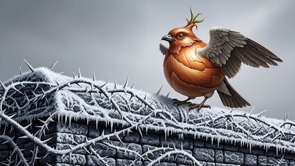 Robin perched on frosty wooden fence outdoors.