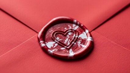 Red Envelope Sealed With Luxurious Marbled Heart Wax Seal Suggesting Romantic Correspondence and Valentine's Day