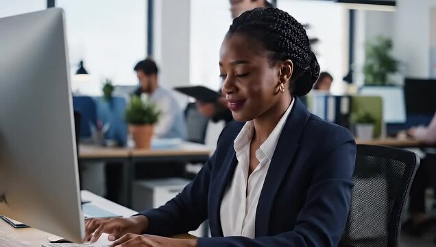 Young African American woman working diligently on a computer in a modern office environment.