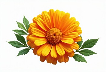 Fototapeta premium Vibrant Yellow Flower with Green Leaves on a White Background