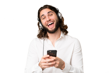Telemarketer man working with a headset over isolated chroma key background surprised and sending a message