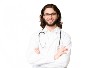 Young handsome man over isolated chroma key background wearing a doctor gown and with arms crossed