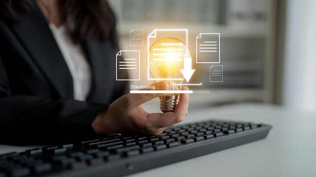 Visual representation of digital document downloading, showing file transfer, data access, and progress status for secure and efficient information retrieval Latch - Powered by Adobe