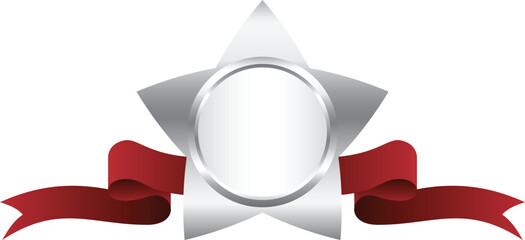 Silver Star Award with Red Ribbon Banner. Mockup and Template Design.