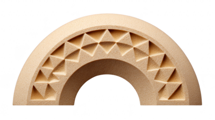 Semi circle beige foam arch with geometric triangle pattern, isolated on transparency background, modern decorative object, abstract design, soft texture, creative home decor accent