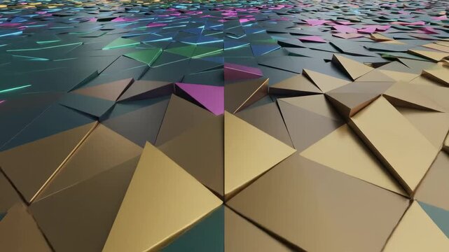 A vibrant abstract geometric mosaic featuring colorful triangular tiles and reflective surfaces, showcasing modern digital art with dynamic tessellations and sleek design elements.