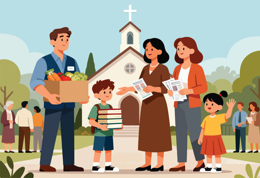 Diverse group participates in community outreach event with donations of food & books outside church