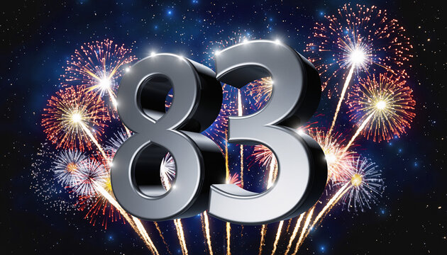 Silver number 83 with fireworks in the background. Festive scene for birthday or anniversary party