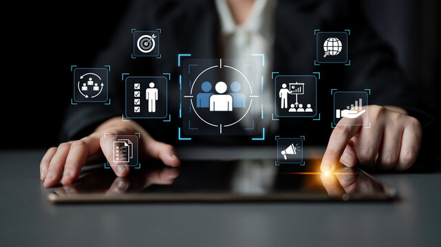 A concept of a unified business strategy. This involves identifying a target audience for marketing campaigns and managing internal team performance to achieve corporate goals and growth. Fermion - Powered by Adobe