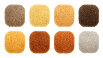 Soft textured fabric swatches in various brown yellow orange and beige shades arranged in two rows ideal for interior design upholstery or textile selection