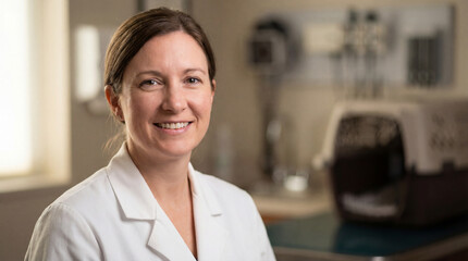 Smiling veterinarian in white coat, radiating warmth and professionalism, embodying compassionate care for animals.