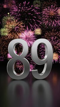 Silver number 89 with fireworks in the background. Festive scene for birthday or anniversary party