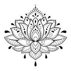Lotus mehndi flower pattern for Henna drawing and tattoo. Decoration in oriental, Indian style. Doodle ornament. Outline hand draw vector illustration.