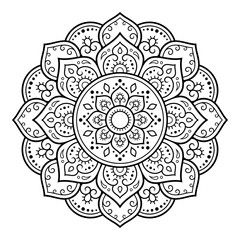Circular pattern in form of mandala with flower for Henna, Mehndi, tattoo, decoration. Decorative ornament in ethnic oriental style. Outline doodle hand draw vector illustration.