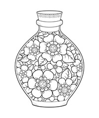 Glass bottle with floral pattern in mehndi style for coloring book page. Antistress for adults and children. Doodle ornament in black and white. Hand draw vector illustration.