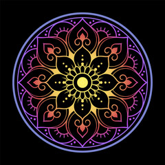 Color circular pattern in form of mandala with flower for decoration or print. Decorative ornament in ethnic oriental style. Rainbow design on black background.