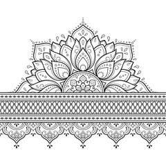 Seamless borders with mandala for design, application of henna, Mehndi and tattoo. Decorative pattern in ethnic oriental, Indian style. Doodle ornament. Outline hand draw vector illustration.