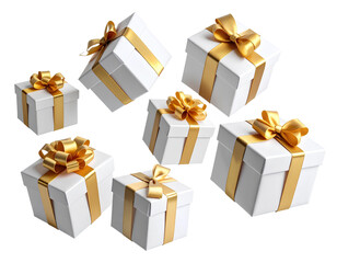 Elegant white gift boxes wrapped with shiny golden ribbons and bows suspended in mid