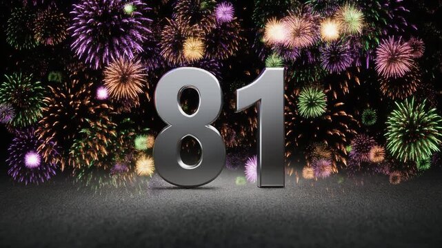 Silver number 81 with fireworks in the background. Festive scene for birthday or anniversary party