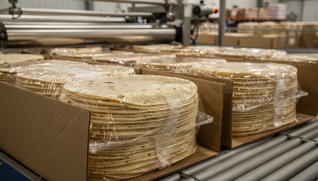 Industrial food packing area showcasing shrinkwrapped stacks of tortillas arranged in lined boxes ready for bulk distribution at a medium distance.