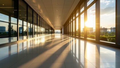 Modern glass corridor with sunset light for office interior