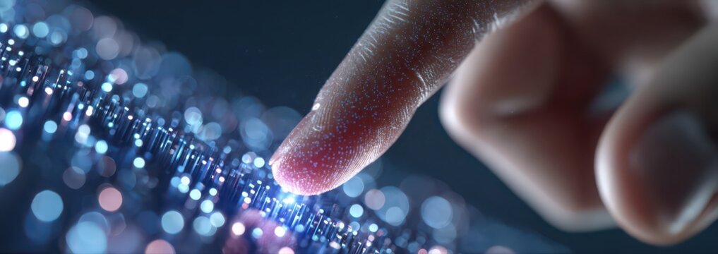 Close-up of a finger on a touch screen featuring light effects and a glow from a neural network data. - Powered by Adobe